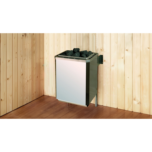 Gartensauna Kaapi 4 graugrün mit 400V Klassik-Ofen, analoge Steuerung, Ofenschutz, Saunasteine, Anschlusskabel