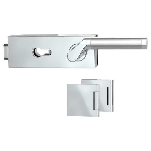 Glastürbeschlagset PURISTO S Profilzylinder Flüster 3-tlg. Bänder CORINNA Edelst. poliert