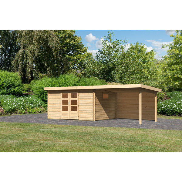 Gartenhaus "Trittau 5" SET naturb. mit Anbaudach 3,3m Breite, Rückwand 2970x6790x2170mm