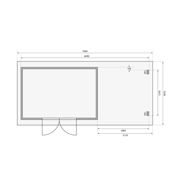 Gartenhaus "Trittau 5" SET naturb. mit Anbaudach 3,3m Breite, Rück- und Seitenwand 2970x6790x2170mm