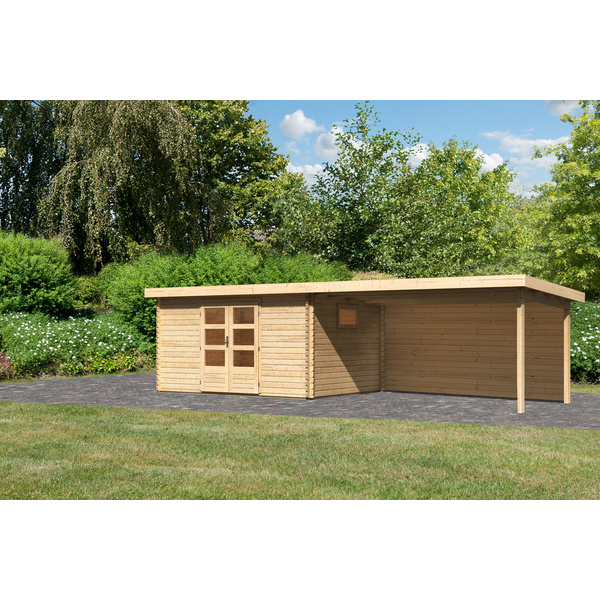 Gartenhaus "Trittau 5" SET naturb. mit Anbaudach 4,4m Breite, Rückwand 2970x7690x2170mm