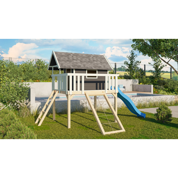 Stelzenhaus Fidel SET mit Wellenrutsche 3m blau Netzrampe