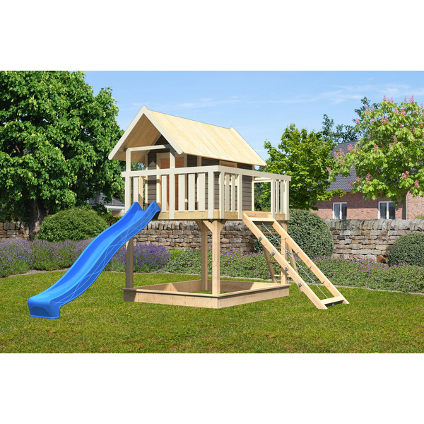 Stelzenhaus Fidel SET mit Wellenrutsche 3m blau Netzrampe