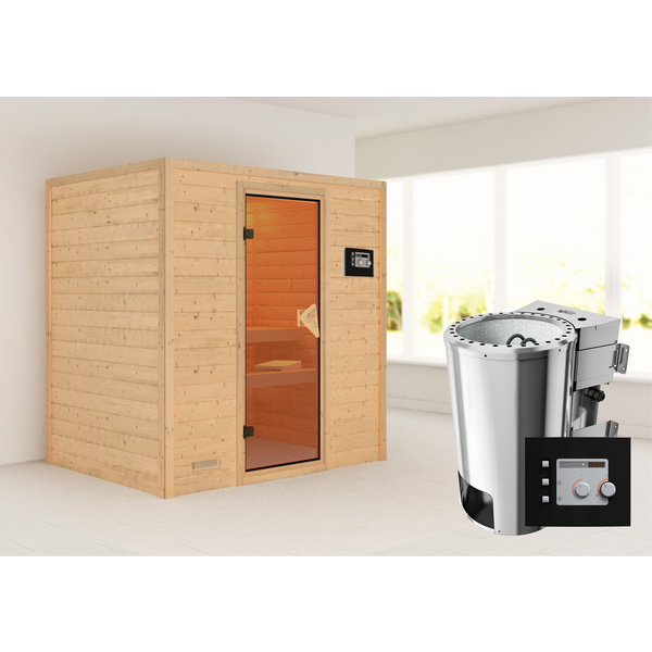 Massivholzsauna Ronja SET mit Ofen 3,6 kW Bio ext. Strg. Easy
