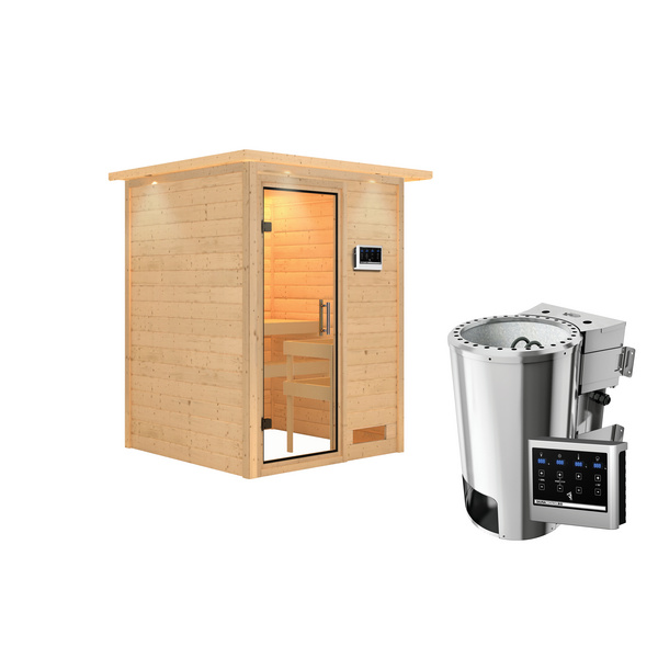 Massivholzsauna Nadja mit Klarglastür und Kranz SET Ofen 3,6 kW Bio-Ofen externe Strg. Easy