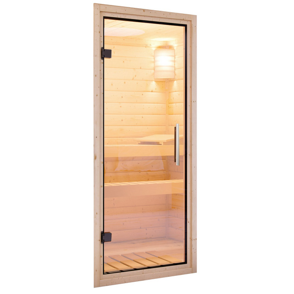 Massivholzsauna Nadja mit Klarglastür und Kranz SET Ofen 3,6 kW Bio-Ofen externe Strg. Easy