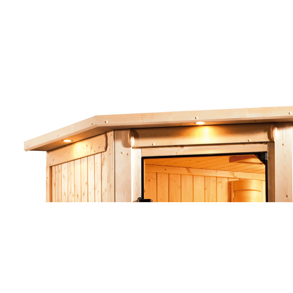 Massivholzsauna Alicja mit Tür graphit und Kranz SET Ofen 3,6 kW intgr. Strg