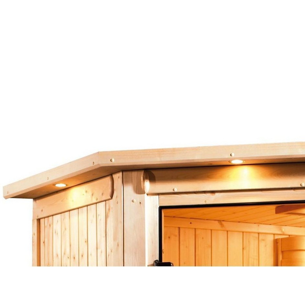 Massivholzsauna Ronja mit Energiespartür und Kranz SET Ofen 3,6 kW externe Strg.modern