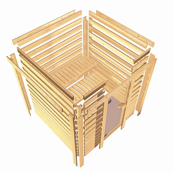 Massivholzsauna Cilja mit Energiespartür und Kranz SET Ofen 3,6 kW externe Strg.modern