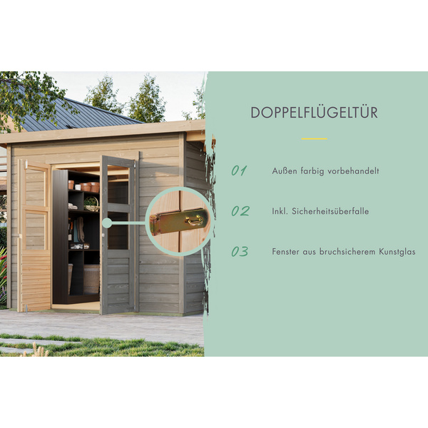 Gartenhaus "Merseburg 2" SET vorvergraut mit Anbaudach 1260x3200x2190mm