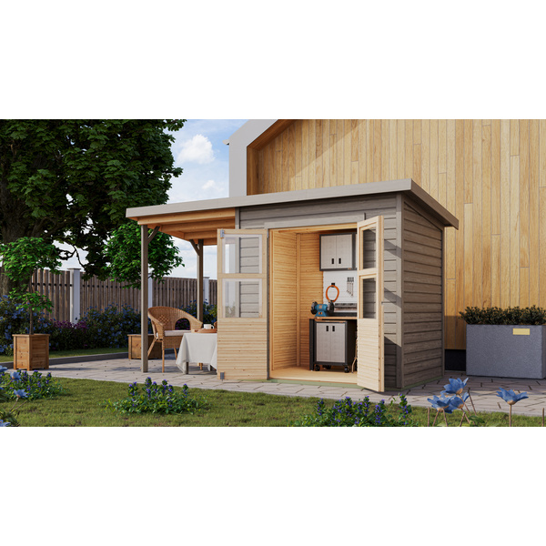 Gartenhaus "Merseburg 3" SET vorvergraut mit Anbaudach 1540x3700x2190mm