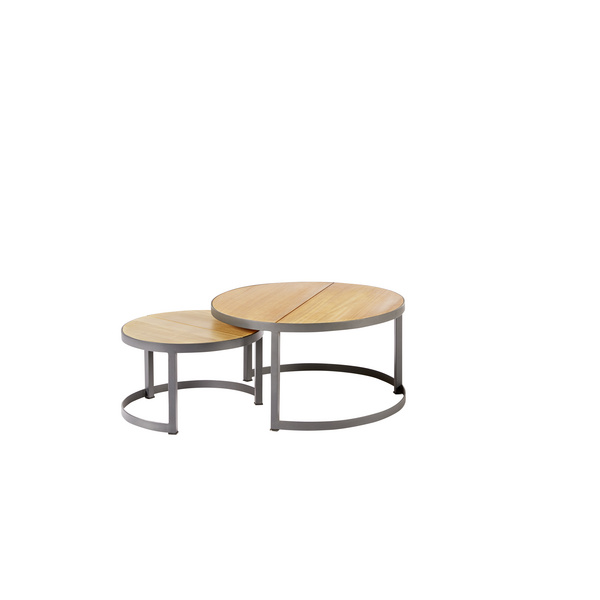 Nested Loungetische -Rund- Edelstahl-Dunkelgrau/ Premium Teak Natur 2er Set: Ø70x36cm + Ø50x30cm