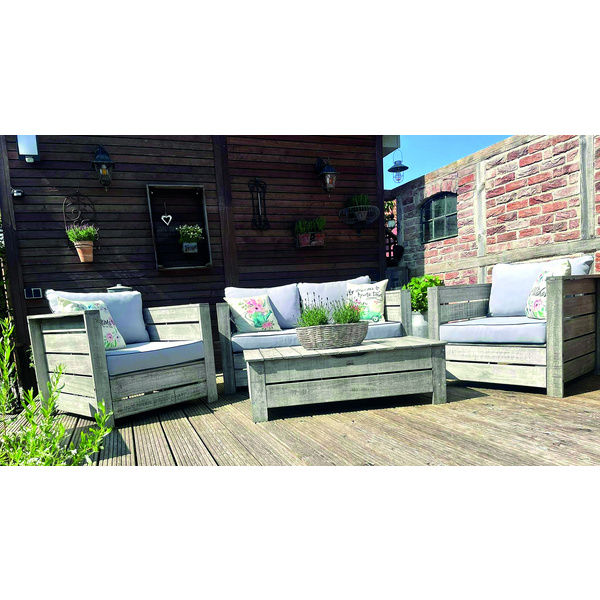 Brisbane Gartenlounge, Eukalyptus Sitzgruppe in Palettenoptik Polster grau