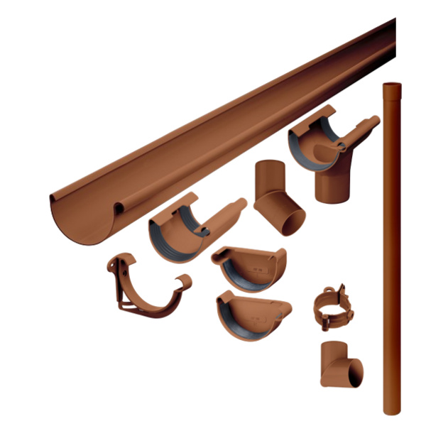 Dachrinnen-Set Schwedenhaus 300x300 Halbrundrinne,Fallrohr,Bogen,Ablaufst. & Befestigungsm. bis OKF PVC-KST braun