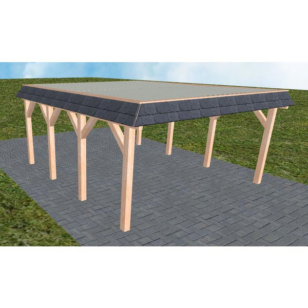 Carport Glücksburg KT Natur Walmblende, Flachdach mit Stahl-Trapezplatten Antikondens