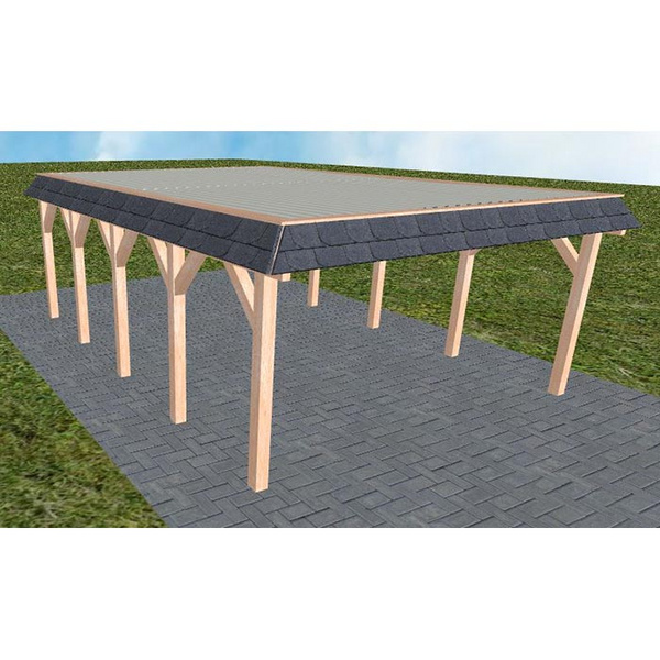 Carport Glücksburg MT Natur Walmblende, Flachdach mit Stahl-Trapezplatten Antikondens