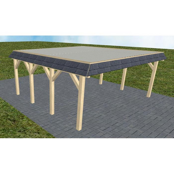 Carport Grömitz KT Master Walmblende, Flachdach mit Stahl-Trapezplatten Antikondens