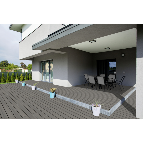 Terrassendiele BPC coextrudiert massiv Silbergrau einseitig Holzstruktur, einseitig individuell strukturiert, längsseitige Nut, Primo+ - 20 x 140 mm