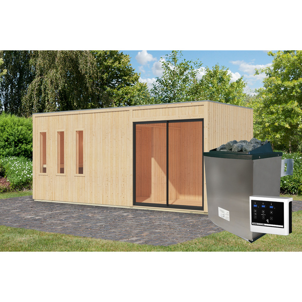 Saunahaus Monterey SET naturbelassen mit Ofen 9kW ext. Strg. 2163x5735x2441mm