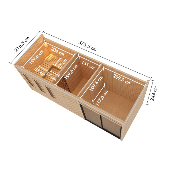 Saunahaus Monterey SET naturbelassen mit Ofen 9kW ext. Strg. 2163x5735x2441mm