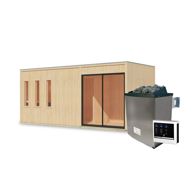 Saunahaus Monterey SET naturbelassen mit Ofen 9kW ext. Strg. 2163x5735x2441mm