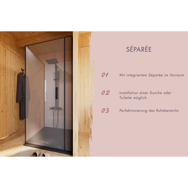 Saunahaus Monterey SET naturbelassen mit Ofen 9kW ext. Strg. 2163x5735x2441mm