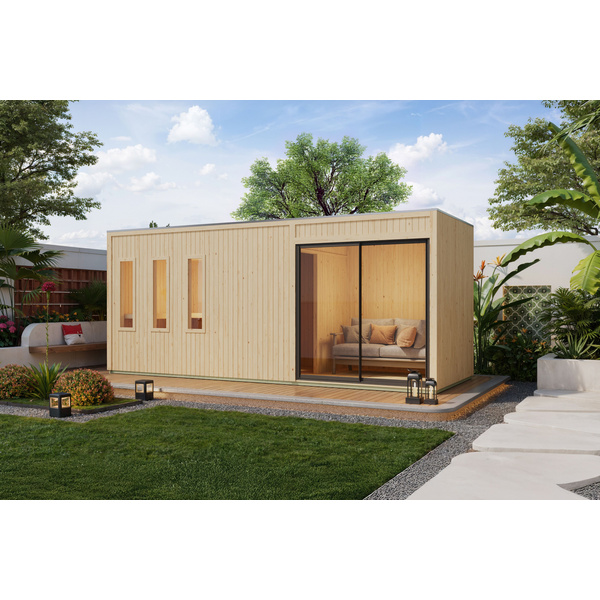 Saunahaus Monterey SET naturbelassen mit Ofen 9kW Bio ext. Strg. 2163x5735x2441mm