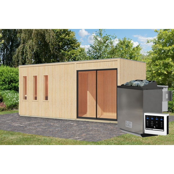 Saunahaus Monterey SET naturbelassen mit Ofen 9kW Bio ext. Strg. 2163x5735x2441mm