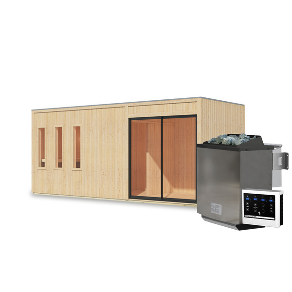 Saunahaus Monterey SET naturbelassen mit Ofen 9kW Bio ext. Strg. 2163x5735x2441mm