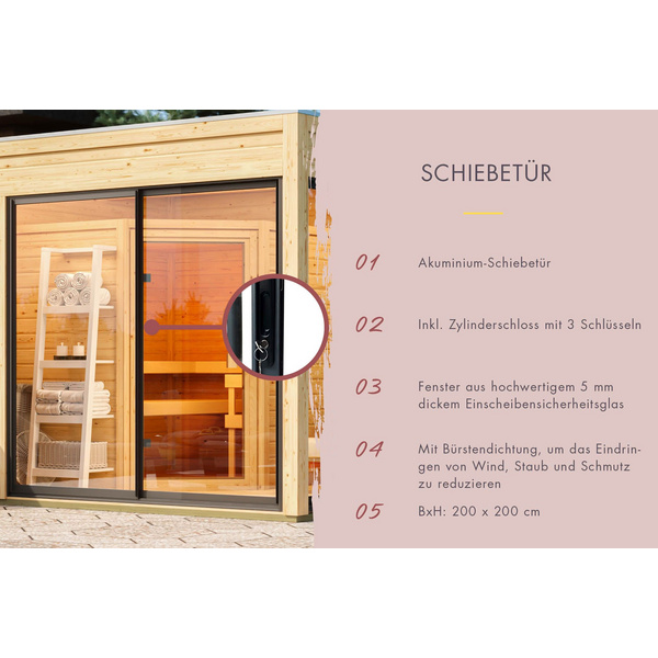 Saunahaus Monterey SET naturbelassen mit Ofen 9kW Bio ext. Strg. 2163x5735x2441mm