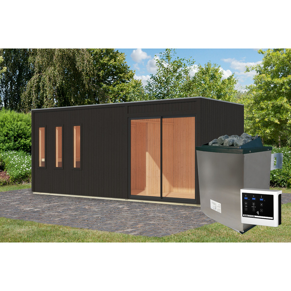Saunahaus Monterey SET schwarz mit Ofen 9kW ext. Strg. 2163x5735x2441mm