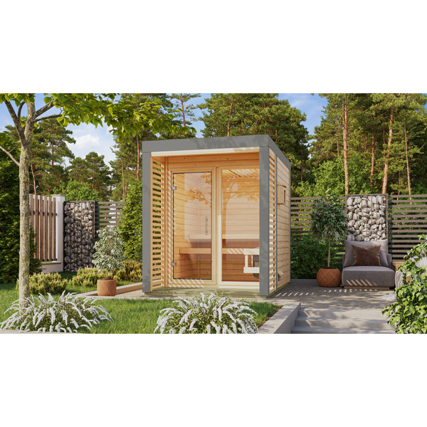 Saunahaus Ares 1 SET naturbelassen / graualuminium mit Ofen 9kW ext. Strg 2760x1910x2315mm