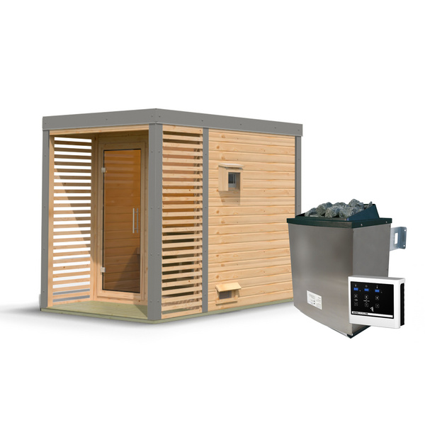 Saunahaus Ares 1 SET naturbelassen / graualuminium mit Ofen 9kW ext. Strg 2760x1910x2315mm