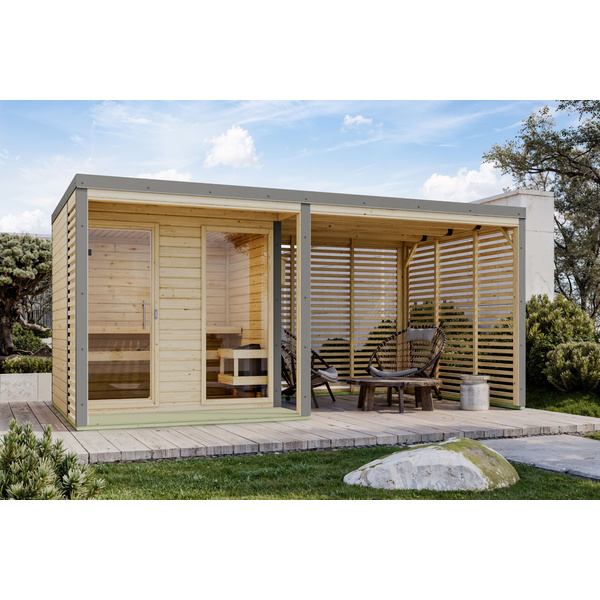 Saunahaus Ares 2 SET naturbelassen / graualuminium mit Ofen 9kW ext. Strg. 2760x2310x2315mm