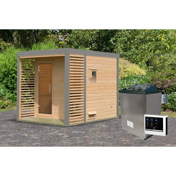 Saunahaus Ares 2 SET naturbelassen / graualuminium mit Ofen 9kW ext. Strg. 2760x2310x2315mm