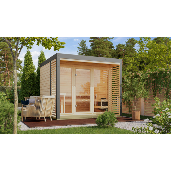 Saunahaus Ares 3 SET naturbelassen / graualuminium mit Ofen 9kW Bio ext. Strg. 2760x2760x2315mm