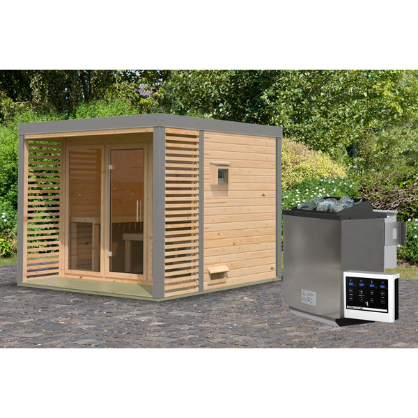 Saunahaus Ares 3 SET naturbelassen / graualuminium mit Ofen 9kW Bio ext. Strg. 2760x2760x2315mm