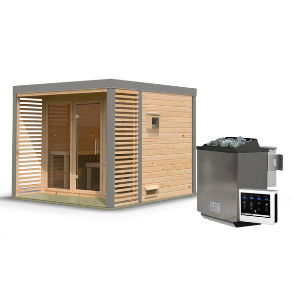 Saunahaus Ares 3 SET naturbelassen / graualuminium mit Ofen 9kW Bio ext. Strg. 2760x2760x2315mm
