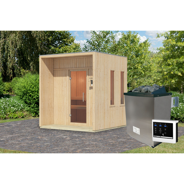 Saunahaus Arcadia SET naturbelassen mit Ofen 9kW ext. Strg. 2165x2195x2440mm