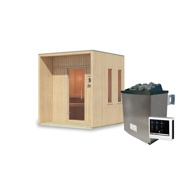 Saunahaus Arcadia SET naturbelassen mit Ofen 9kW ext. Strg. 2165x2195x2440mm