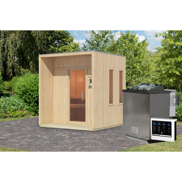 Saunahaus Arcadia SET naturbelassen mit Ofen 9kW Bio ext. Strg. 2165x2195x2440mm