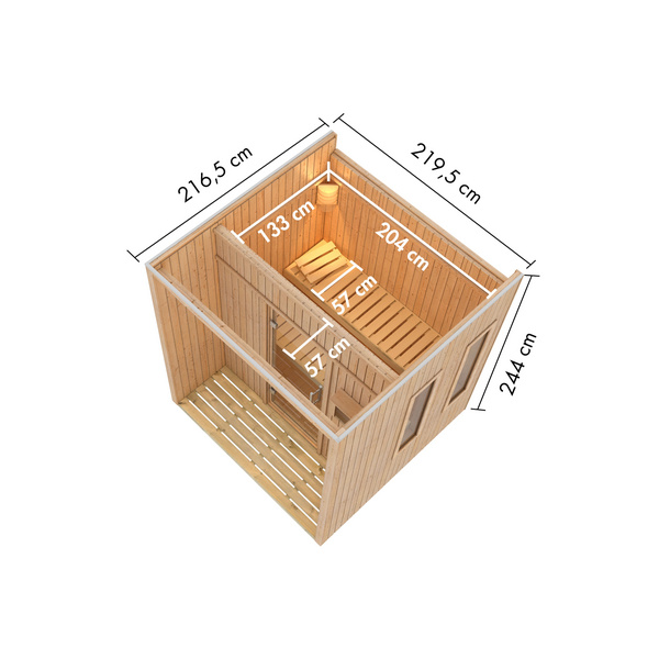 Saunahaus Arcadia SET naturbelassen mit Ofen 9kW Bio ext. Strg. 2165x2195x2440mm