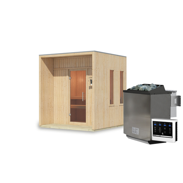 Saunahaus Arcadia SET naturbelassen mit Ofen 9kW Bio ext. Strg. 2165x2195x2440mm