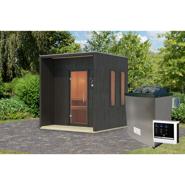Saunahaus Arcadia SET schwarz mit Ofen 9kW ext. Strg. 2165x2195x2440mm
