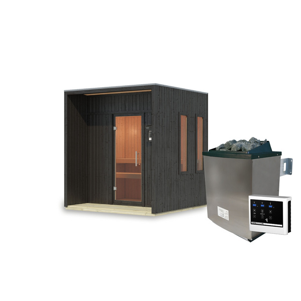 Saunahaus Arcadia SET schwarz mit Ofen 9kW ext. Strg. 2165x2195x2440mm
