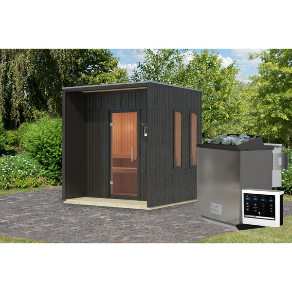 Saunahaus Arcadia SET schwarz mit Ofen 9kW Bio ext. Strg. 2165x2195x2440mm