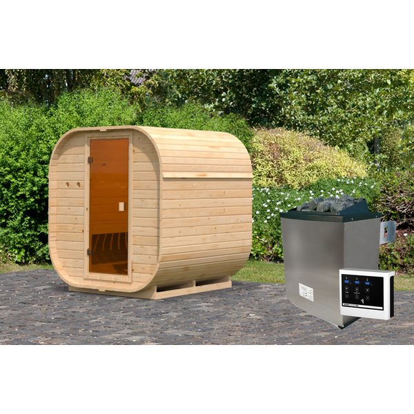 Fasssauna Quadro 1 SET naturbelassen mit Ofen 9kW ext. Strg. 1750x1990x2050mm