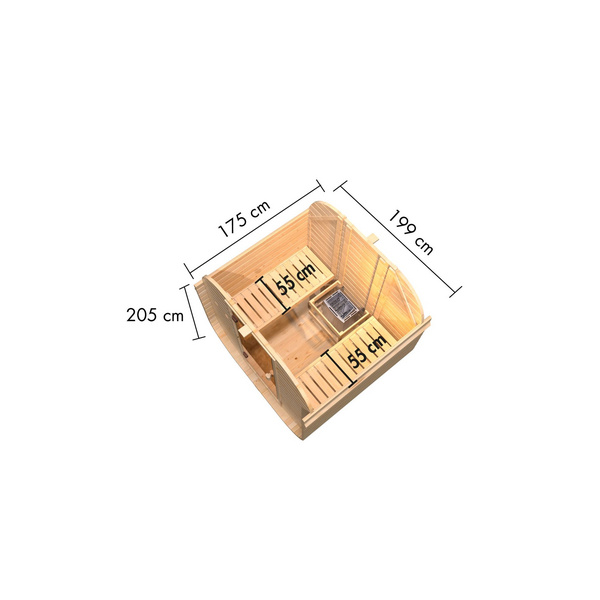 Fasssauna Quadro 1 SET naturbelassen mit Ofen 9kW ext. Strg. 1750x1990x2050mm