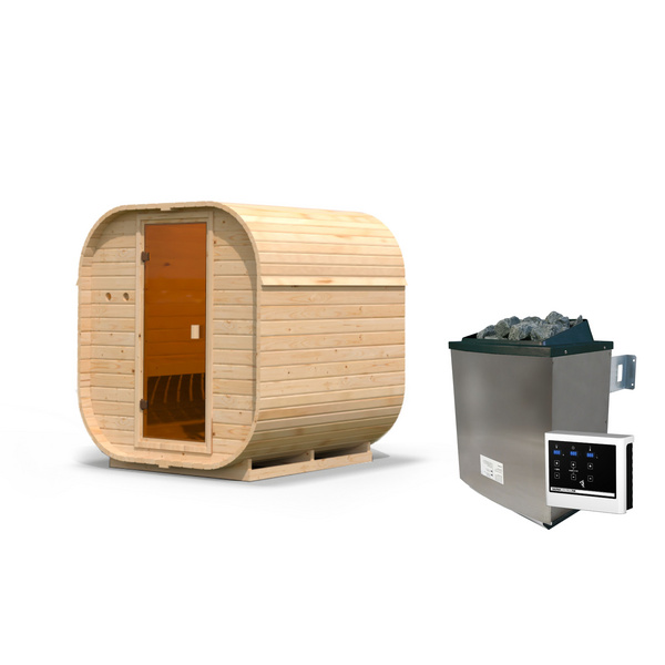 Fasssauna Quadro 1 SET naturbelassen mit Ofen 9kW ext. Strg. 1750x1990x2050mm