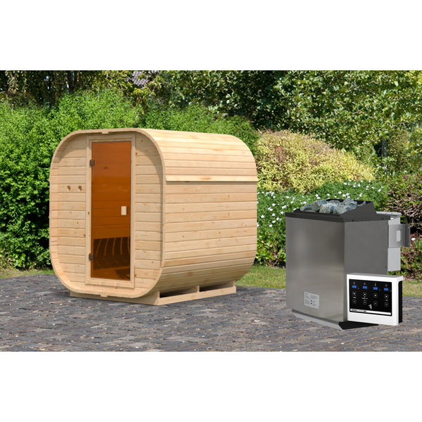 Fasssauna Quadro 1 SET naturbelassen mit Ofen 9kW Bio ext. Strg. 1750x1990x2050mm